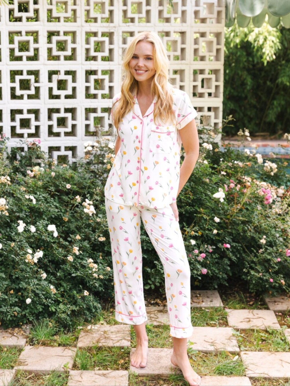 Kyte Baby Tulip Pajama Set Bamboo Rayon Floral Pink Piping Size XXL